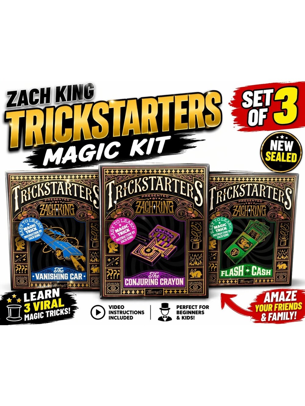 Zach King Trickstarters Magic Kit Set of 3 NEW Sealed Theory11 Car Crayon Cash